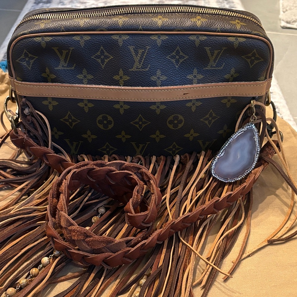 Vintage Boho Riviera Monogram Brown Crossbody Bag with Fringe